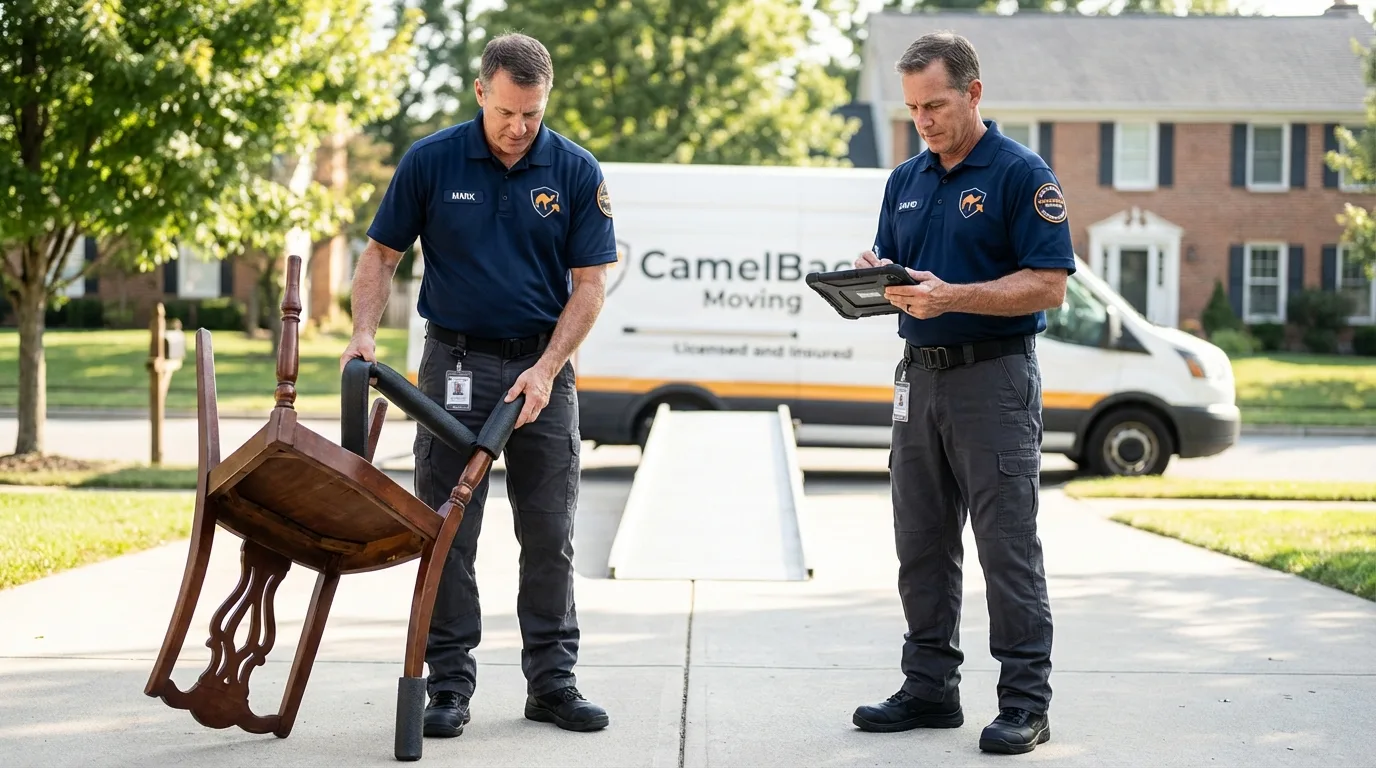 Movers inspecting furniture for damage prevention before loading in Lakewood, NJ