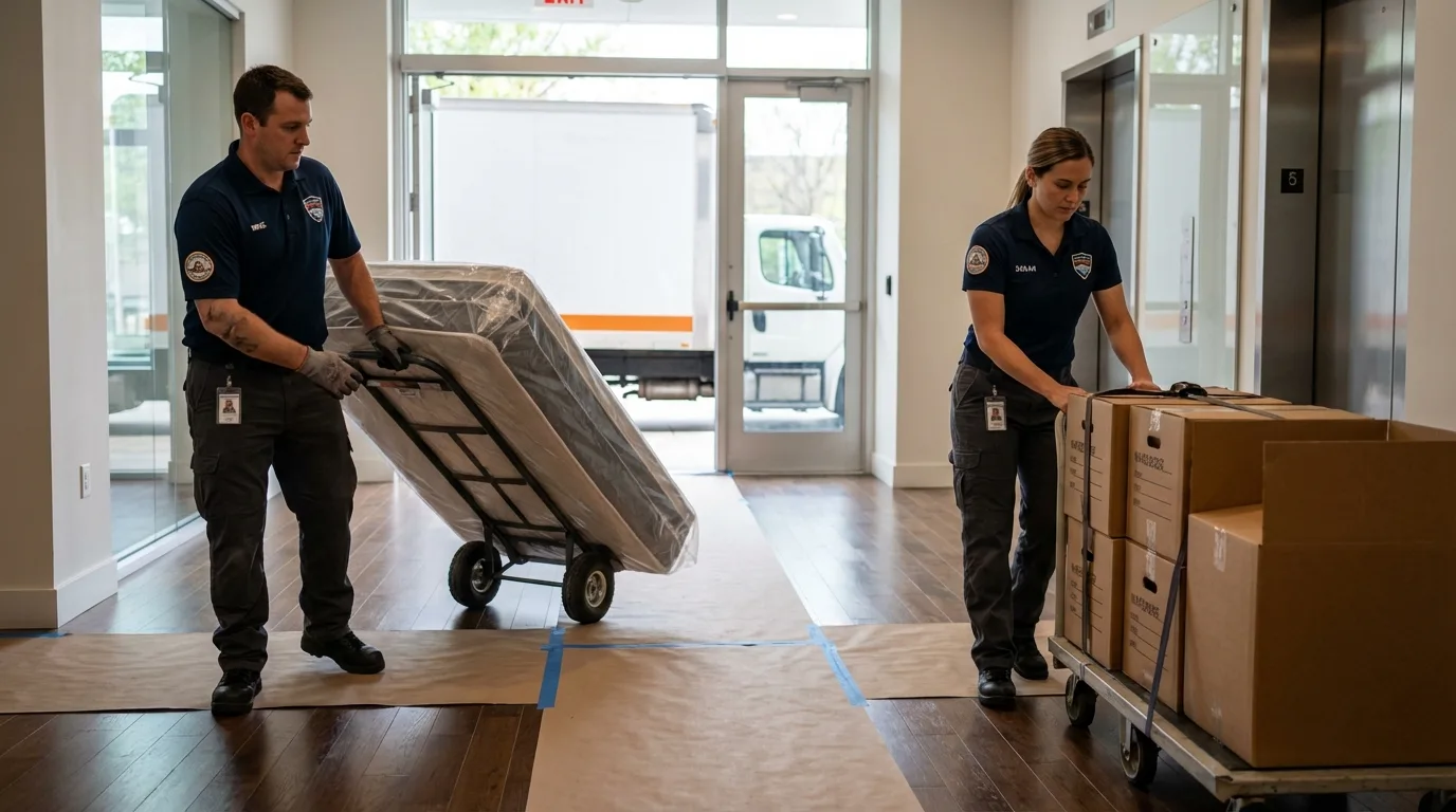 Professional apartment movers loading elevator in Lakewood, NJ