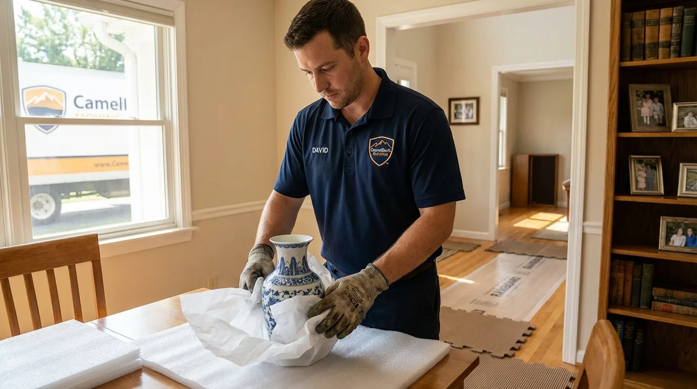 Professional crew carefully wrapping antique vase for senior downsizing move in Lakewood, NJ